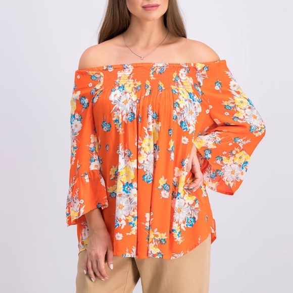 beachlunchlounge Tops - BeachLunchLounge Floral Orange Blossom off the shoulder Top Size XS NWT